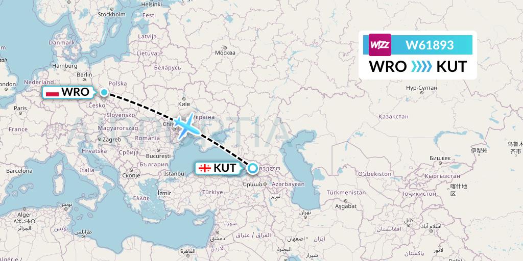 W61893 Wizz Air Flight Map: Wroclaw to Kutaisi