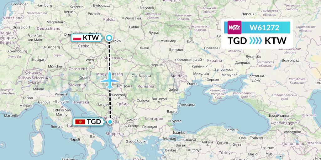 W61272 Wizz Air Flight Map: Podgorica to Katowice