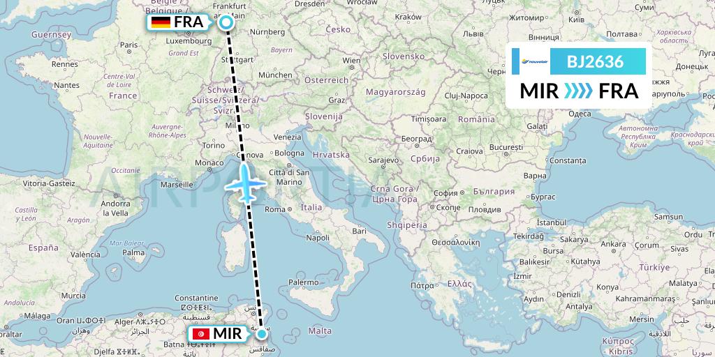 BJ2636 Nouvelair Tunisie Flight Map: Monastir to Frankfurt