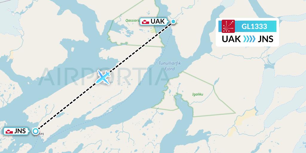 GL1333 Air Greenland Flight Map: Narsarsuaq to Narsaq