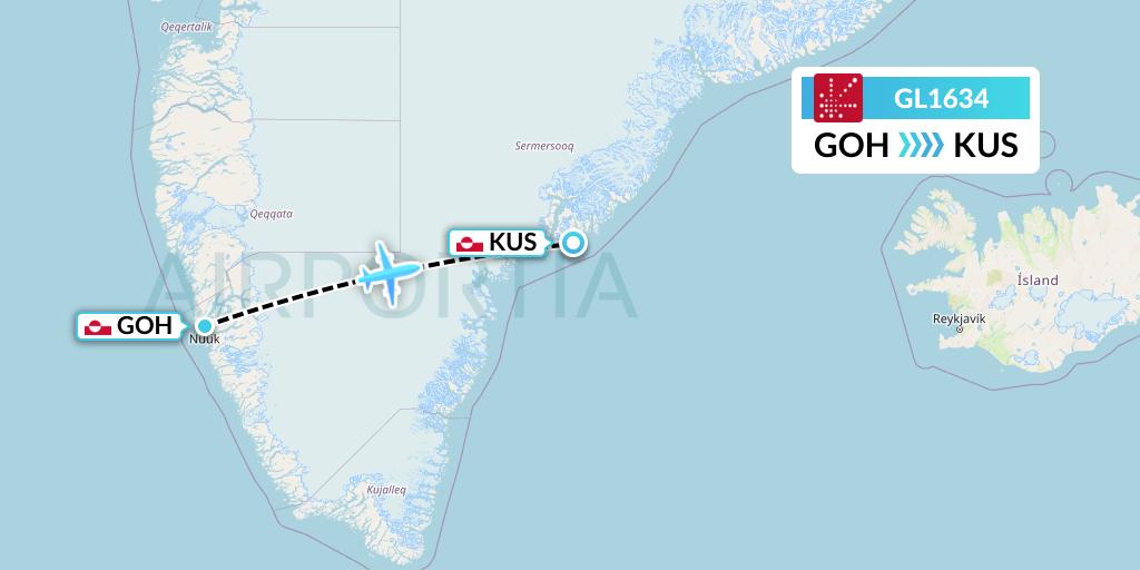 GL1634 Air Greenland Flight Map: Nuuk to Kulusuk