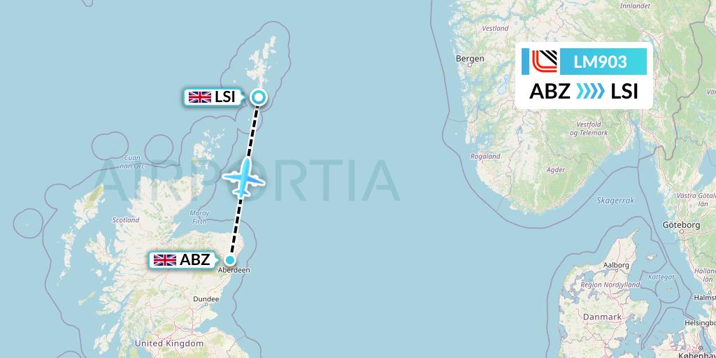 LM903 Loganair Flight Map: Aberdeen to Sumburgh