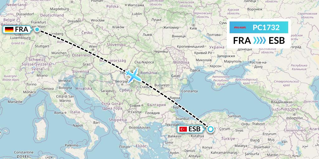 PC1732 Pegasus Airlines Flight Map: Frankfurt to Ankara