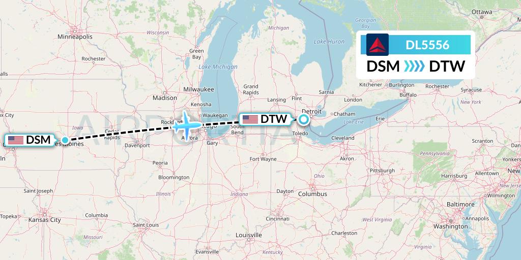 DL5556 Delta Air Lines Flight Map: Des Moines to Detroit