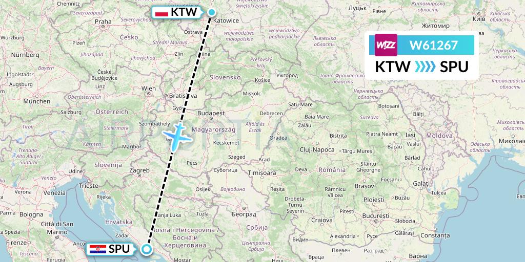 W61267 Wizz Air Flight Map: Katowice to Split