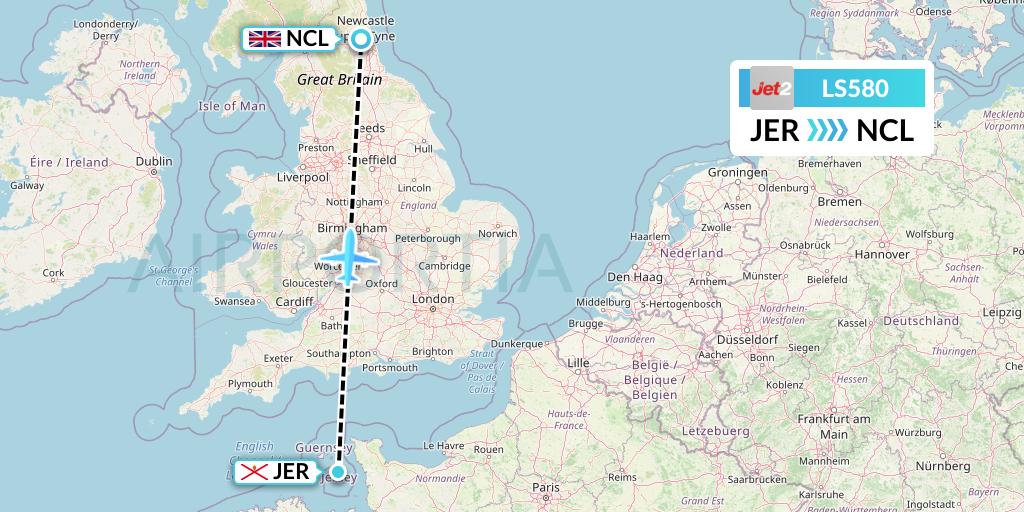 LS580 Jet2 Flight Map: Jersey to Newcastle