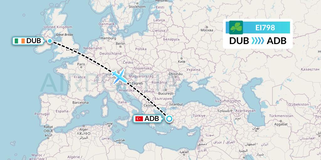 EI798 Aer Lingus Flight Map: Dublin to Izmir