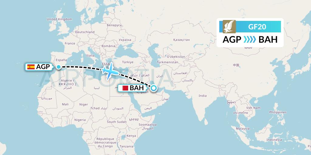 GF20 Gulf Air Flight Map: Malaga to Bahrain