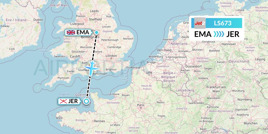 LS673 Jet2 Flight Map: East Midlands to Jersey