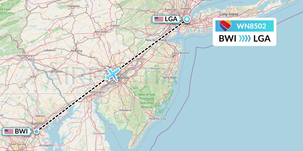 WN8502 Southwest Airlines Flight Map: Baltimore to New York