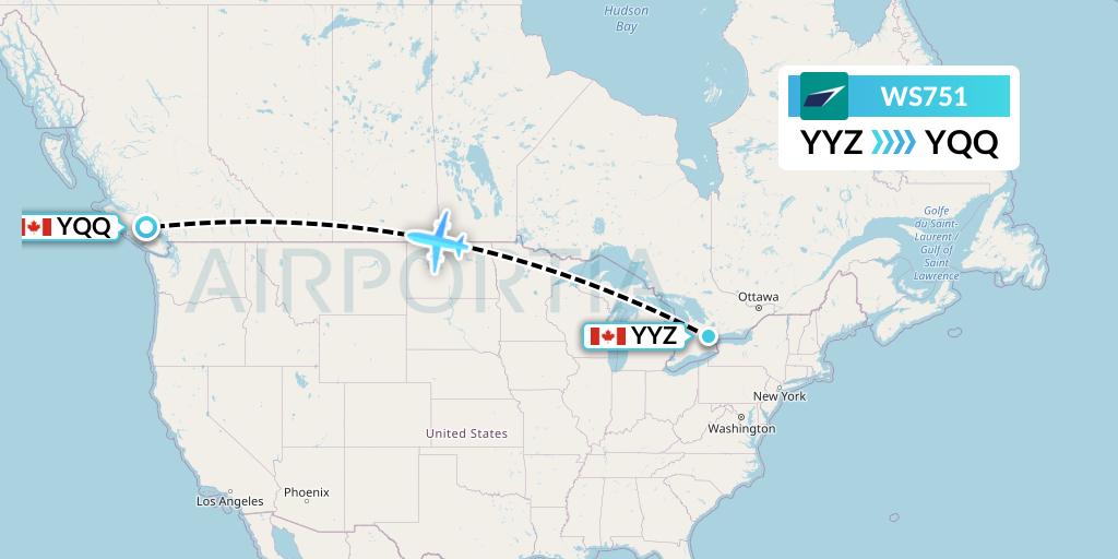 WS751 WestJet Flight Map: Toronto to Comox
