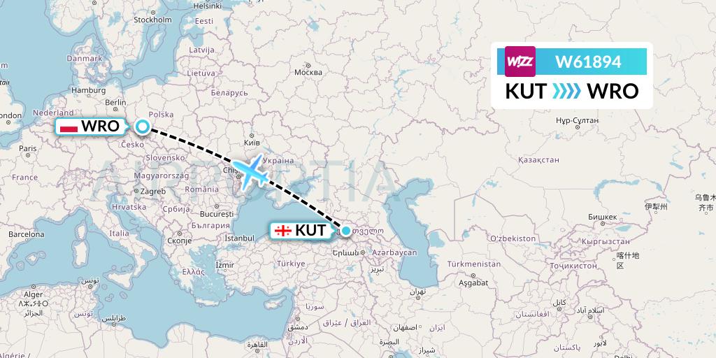 W61894 Wizz Air Flight Map: Kutaisi to Wroclaw