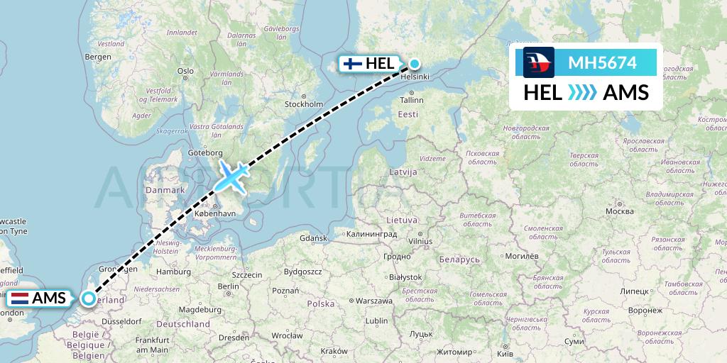 MH5674 Malaysia Airlines Flight Map: Helsinki to Amsterdam