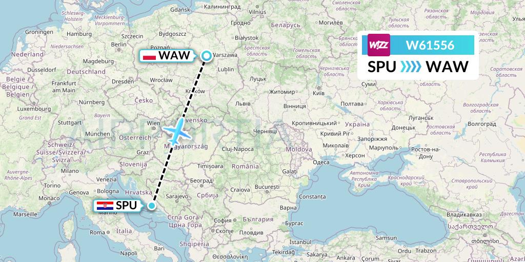 W61556 Wizz Air Flight Map: Split to Warsaw