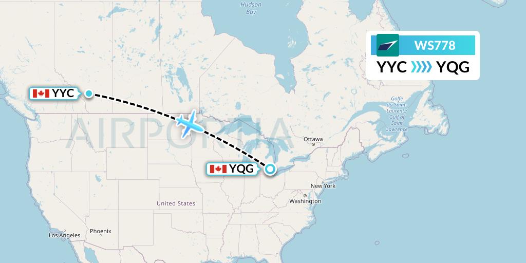 WS778 WestJet Flight Map: Calgary to Windsor