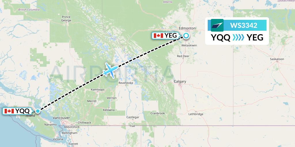 WS3342 WestJet Flight Map: Comox to Edmonton
