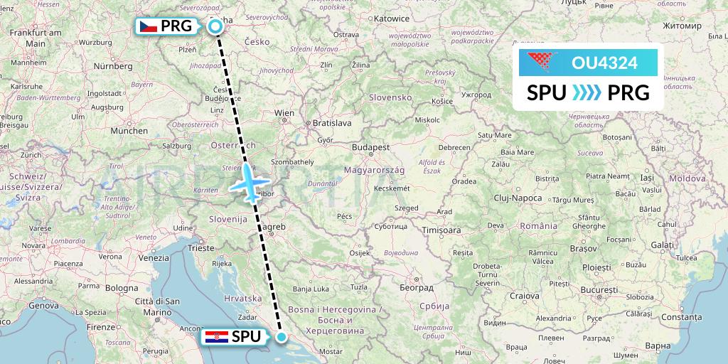 OU4324 Croatia Airlines Flight Map: Split to Prague