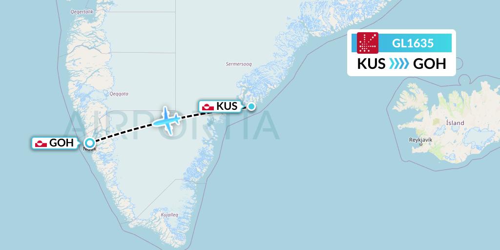 GL1635 Air Greenland Flight Map: Kulusuk to Nuuk