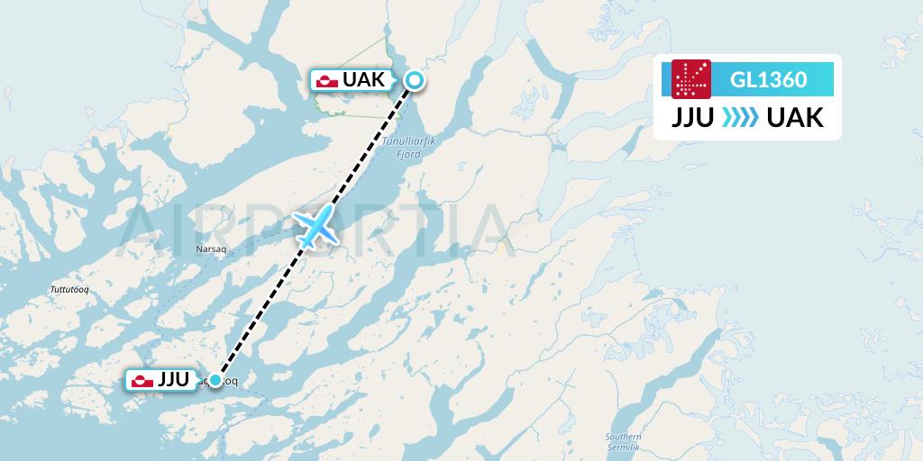 GL1360 Air Greenland Flight Map: Qaqortoq to Narsarsuaq