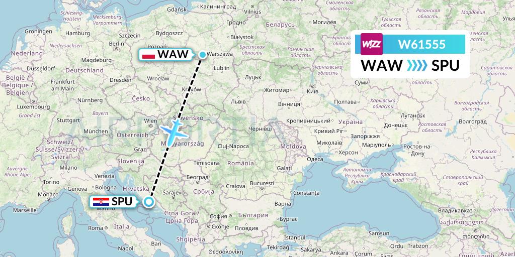 W61555 Wizz Air Flight Map: Warsaw to Split