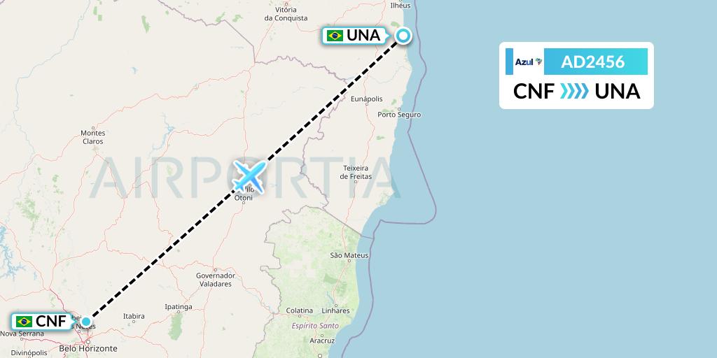 AD2456 Azul Brazilian Airlines Flight Map: Belo Horizonte to Una