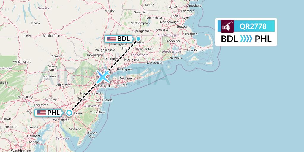 QR2778 Qatar Airways Flight Map: Windsor Locks to Philadelphia