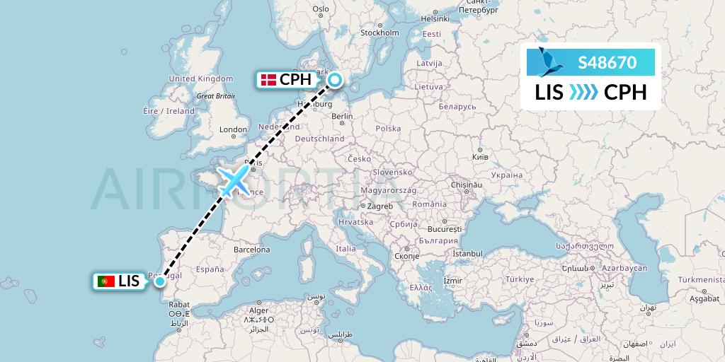 S48670 Azores Airlines Flight Map: Lisbon to Copenhagen