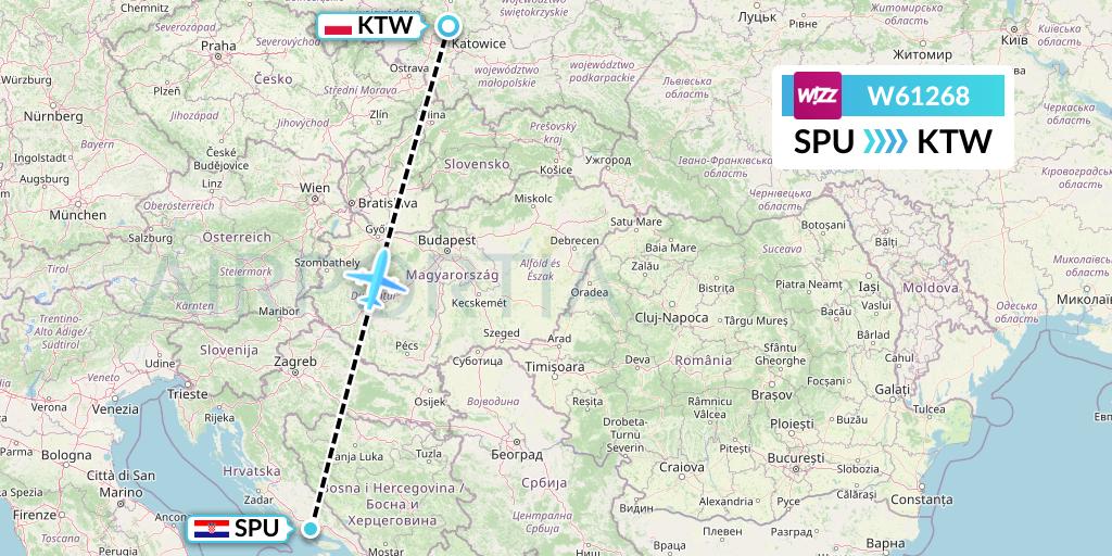 W61268 Wizz Air Flight Map: Split to Katowice