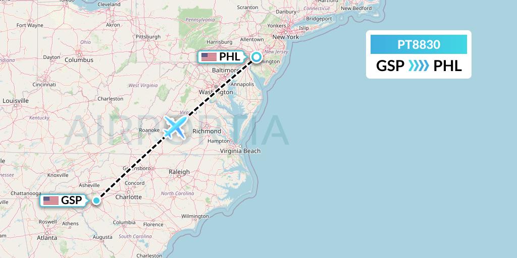 PT8830 Piedmont Airlines Flight Map: Greenville-Spartanburg to Philadelphia
