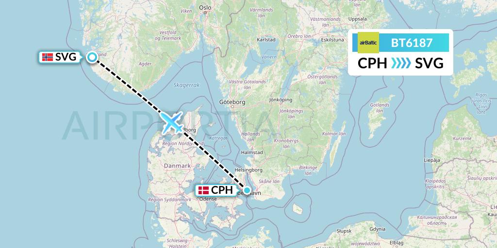 BT6187 Air Baltic Flight Map: Copenhagen to Stavanger