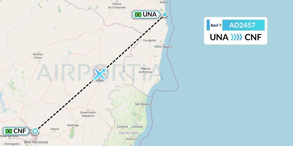 AD2457 Azul Brazilian Airlines Flight Map: Una to Belo Horizonte