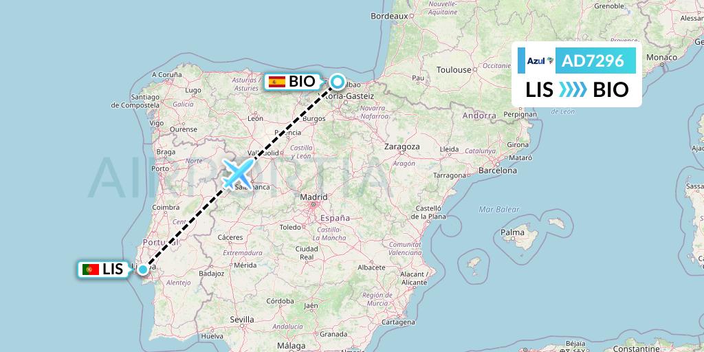 AD7296 Azul Brazilian Airlines Flight Map: Lisbon to Bilbao