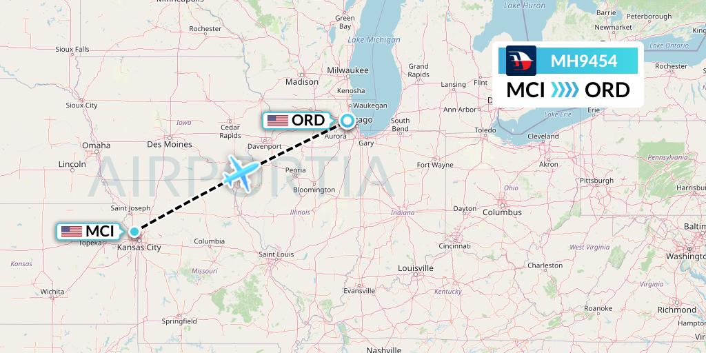 MH9454 Malaysia Airlines Flight Map: Kansas City to Chicago