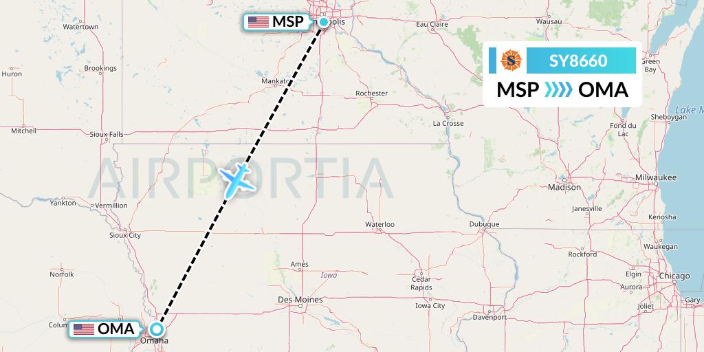 SY8660 Sun Country Airlines Flight Map: Minneapolis to Omaha