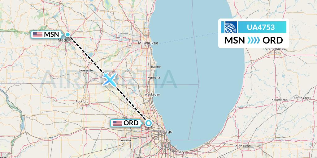 UA4753 United Airlines Flight Map: Madison to Chicago