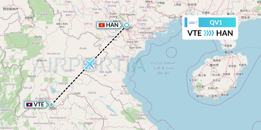 QV1 Lao Airlines Flight Map: Vientiane to Hanoi