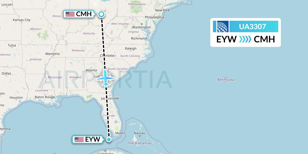 UA3307 United Airlines Flight Map: Key West to Columbus