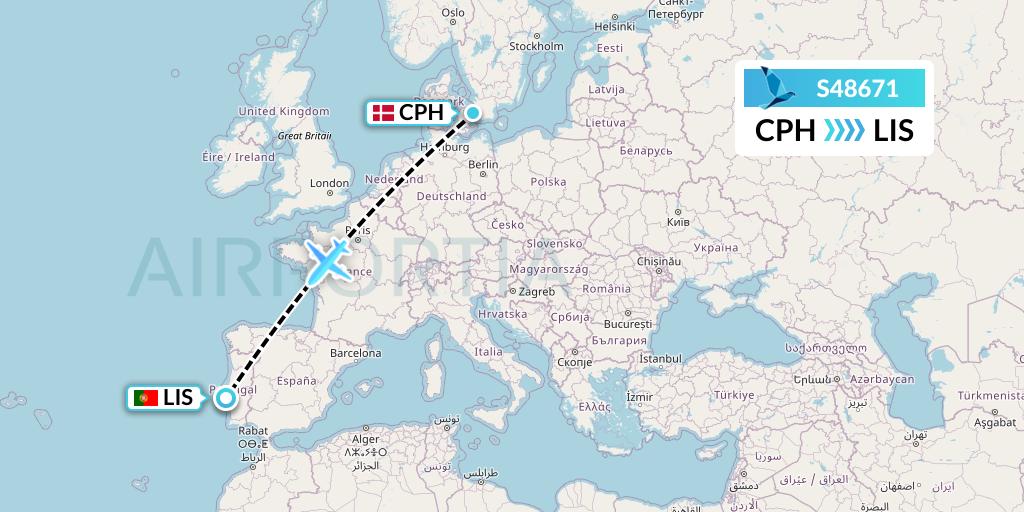 S48671 Azores Airlines Flight Map: Copenhagen to Lisbon
