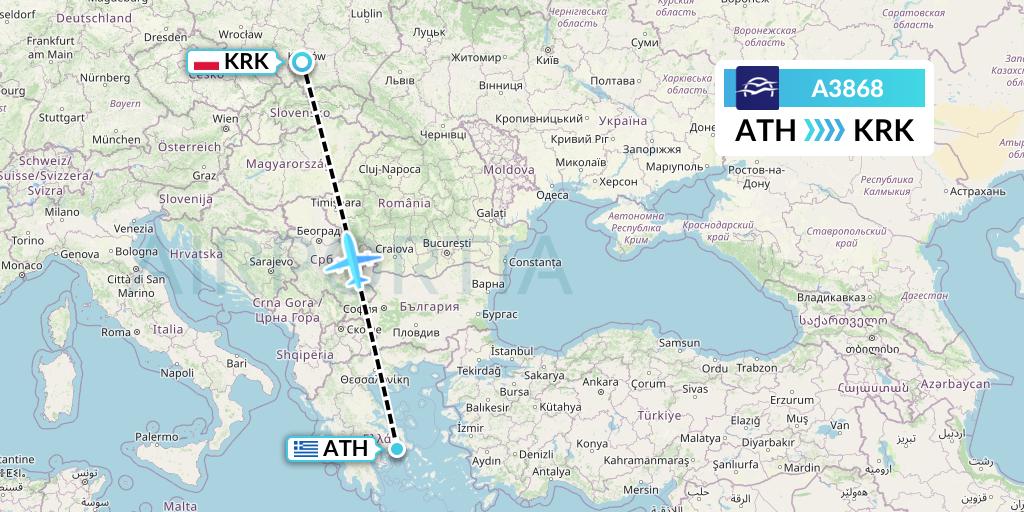 A3868 Aegean Airlines Flight Map: Athens to Krakow