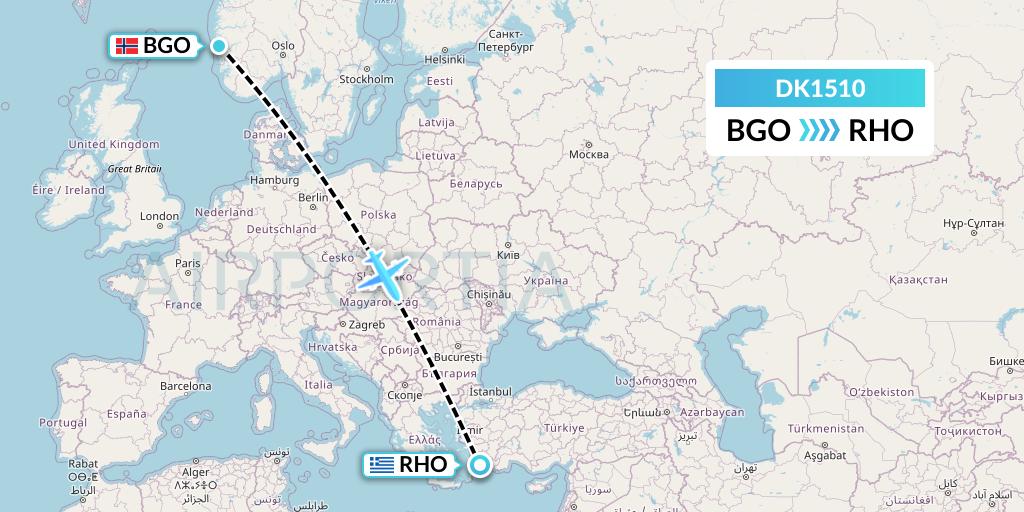DK1510 Thomas Cook Airlines Scandinavia Flight Map: Bergen to Rhodes