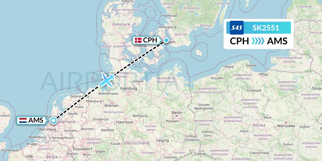 SK2551 SAS Flight Map: Copenhagen to Amsterdam