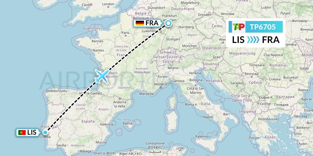 TP6705 TAP Portugal Flight Map: Lisbon to Frankfurt