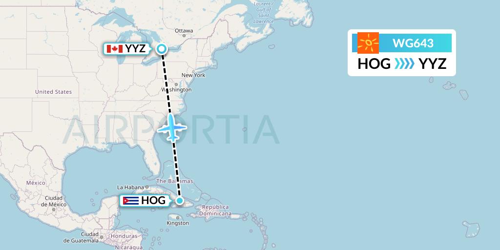 WG643 Sunwing Airlines Flight Map: Holguin to Toronto