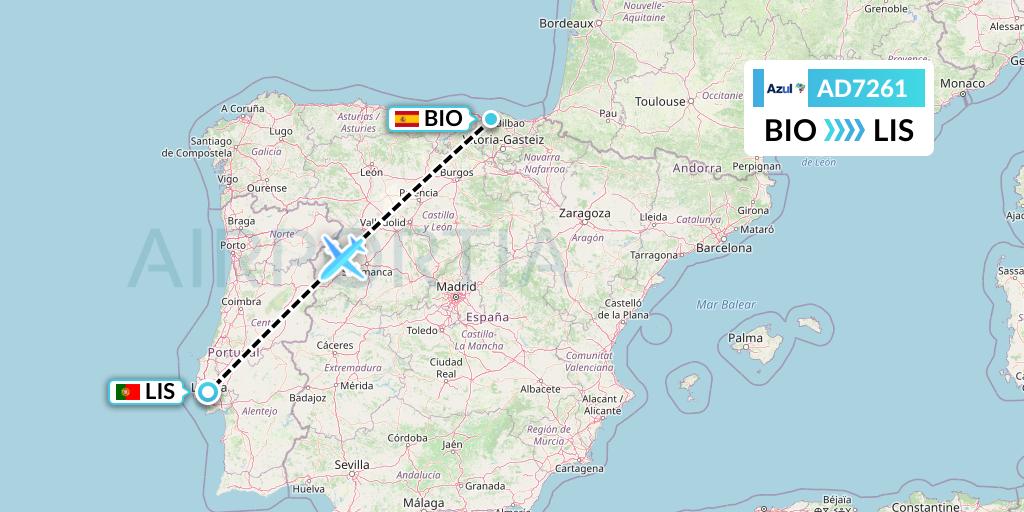 AD7261 Azul Brazilian Airlines Flight Map: Bilbao to Lisbon