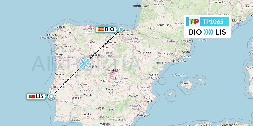 TP1065 TAP Portugal Flight Map: Bilbao to Lisbon