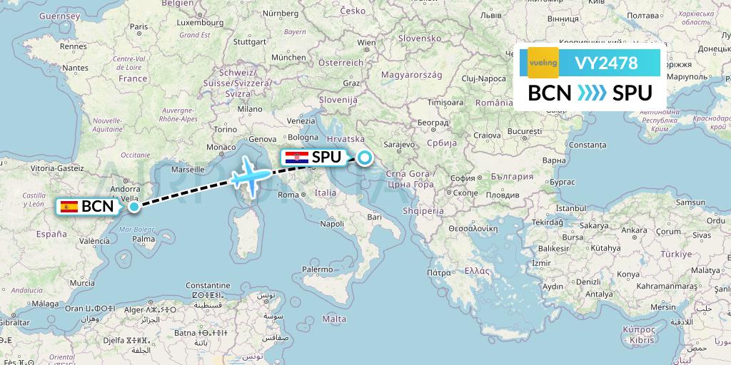 VY2478 Vueling Flight Map: Barcelona to Split