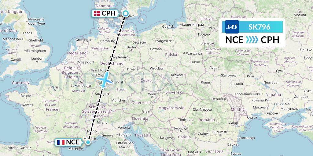 SK796 SAS Flight Map: Nice to Copenhagen