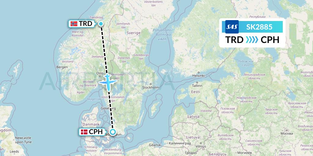 SK2885 SAS Flight Map: Trondheim to Copenhagen