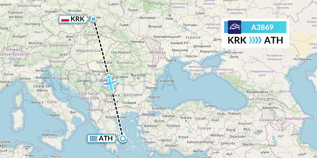 A3869 Aegean Airlines Flight Map: Krakow to Athens