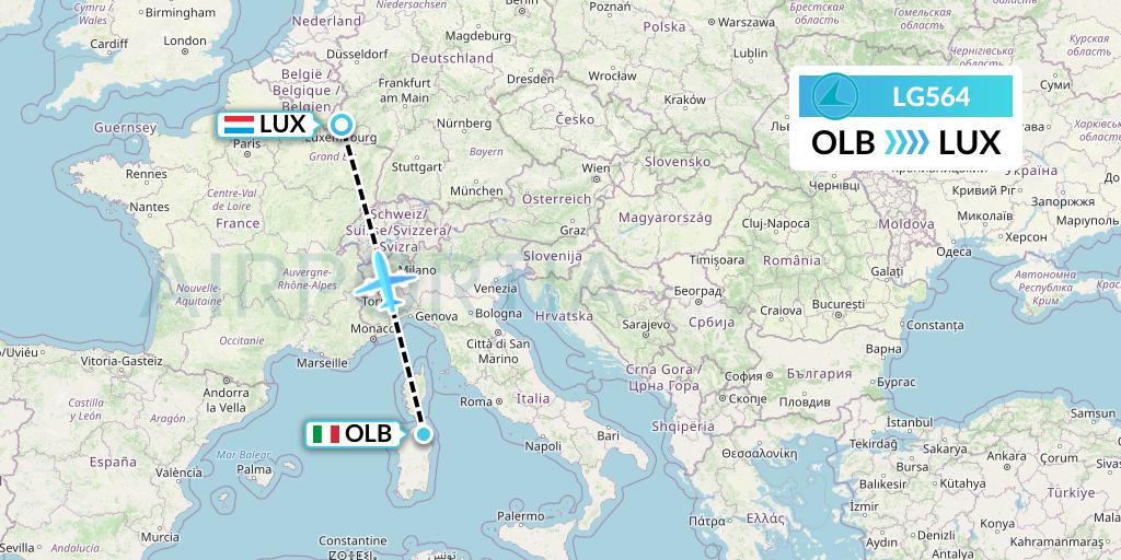 LG564 Luxair Flight Map: Olbia to Luxembourg